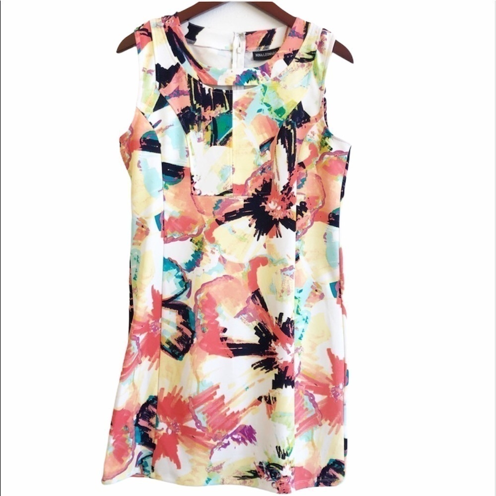 NINA LEONARD Keyhole Floral Print Sleeveless Dress Size Large in Pink Multi